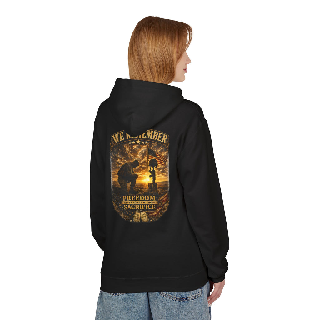 We Remember Memorial Hoodie — Kneeling Soldier & Battlefield Cross Tribute