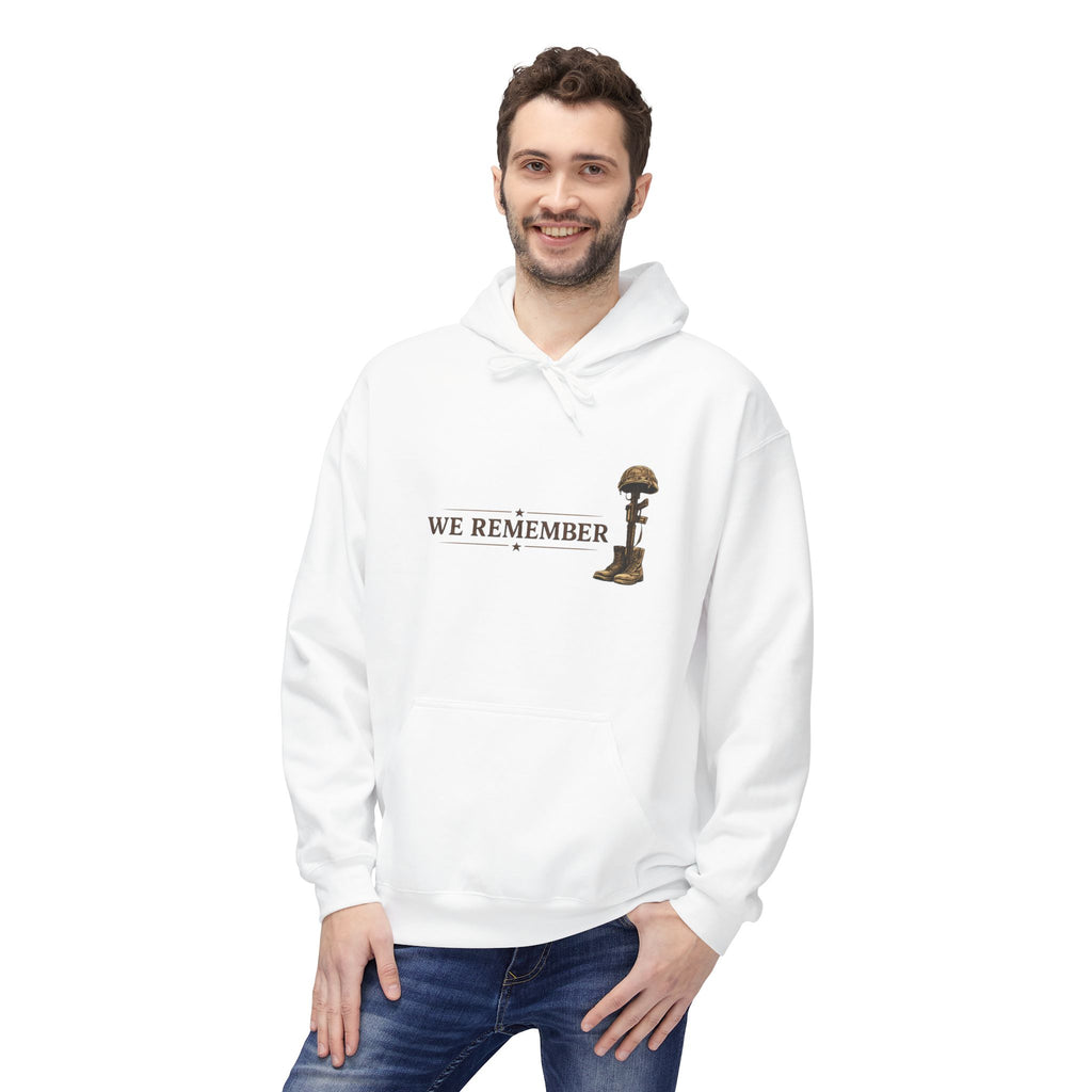 We Remember Memorial Hoodie — Kneeling Soldier & Battlefield Cross Tribute