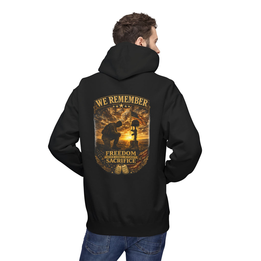 We Remember Memorial Hoodie — Kneeling Soldier & Battlefield Cross Tribute