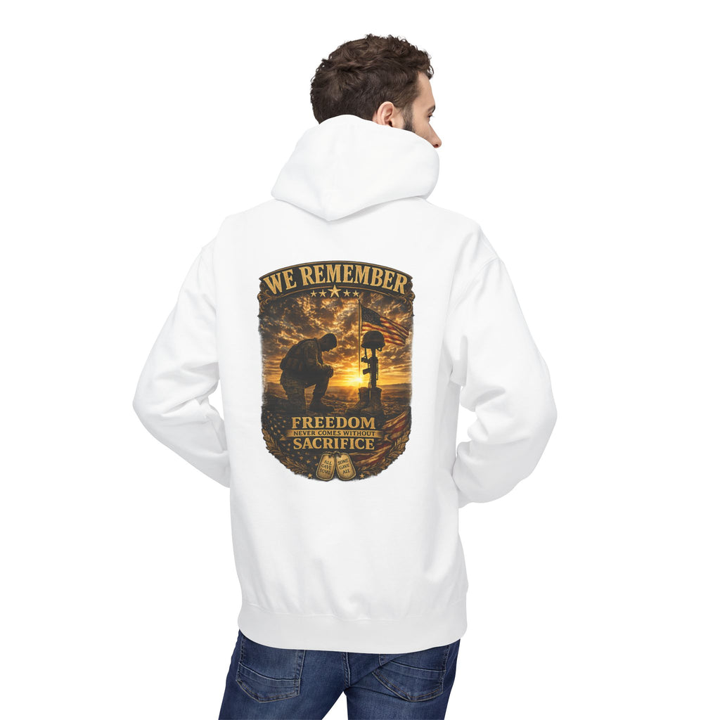 We Remember Memorial Hoodie — Kneeling Soldier & Battlefield Cross Tribute