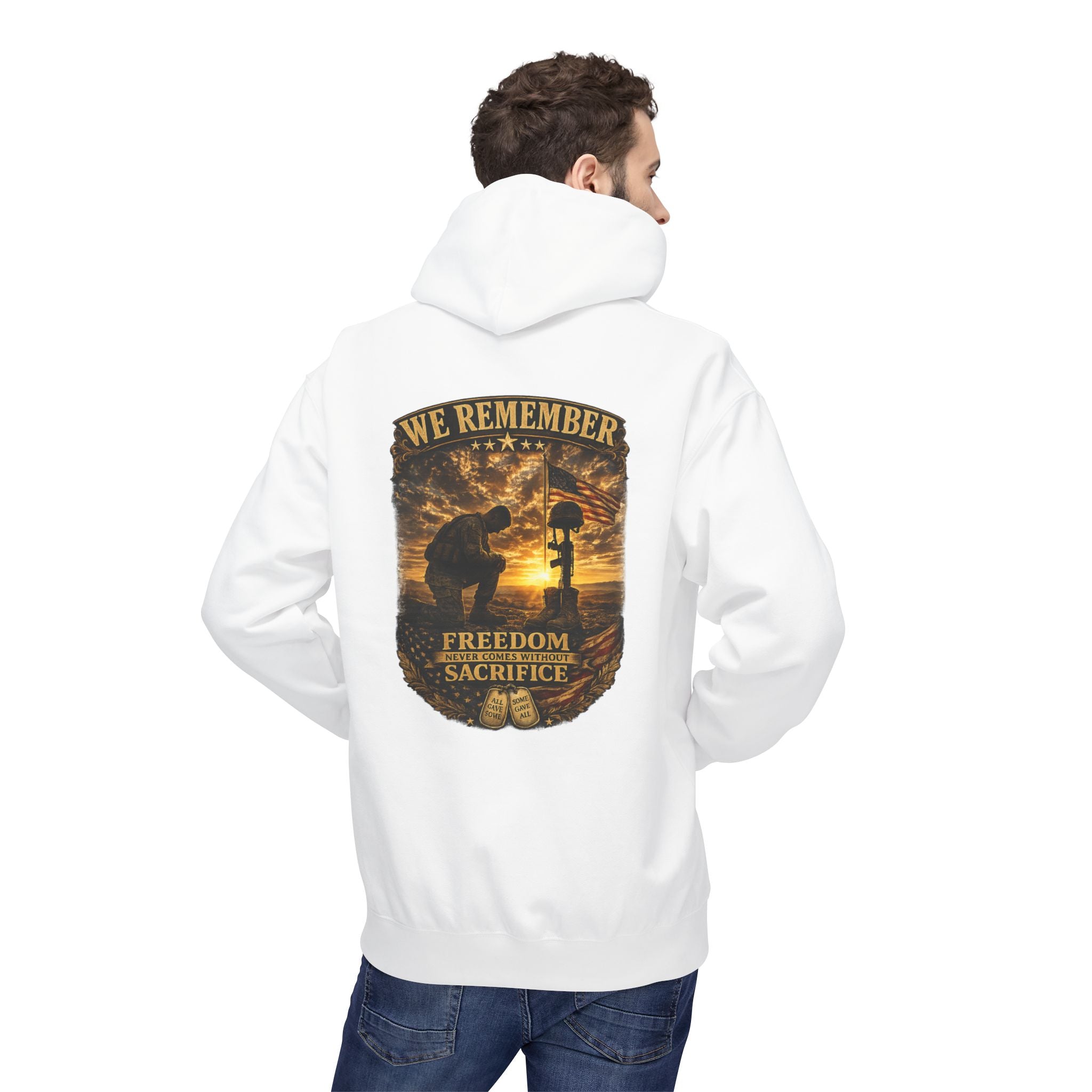 We Remember Memorial Hoodie — Kneeling Soldier & Battlefield Cross Tribute