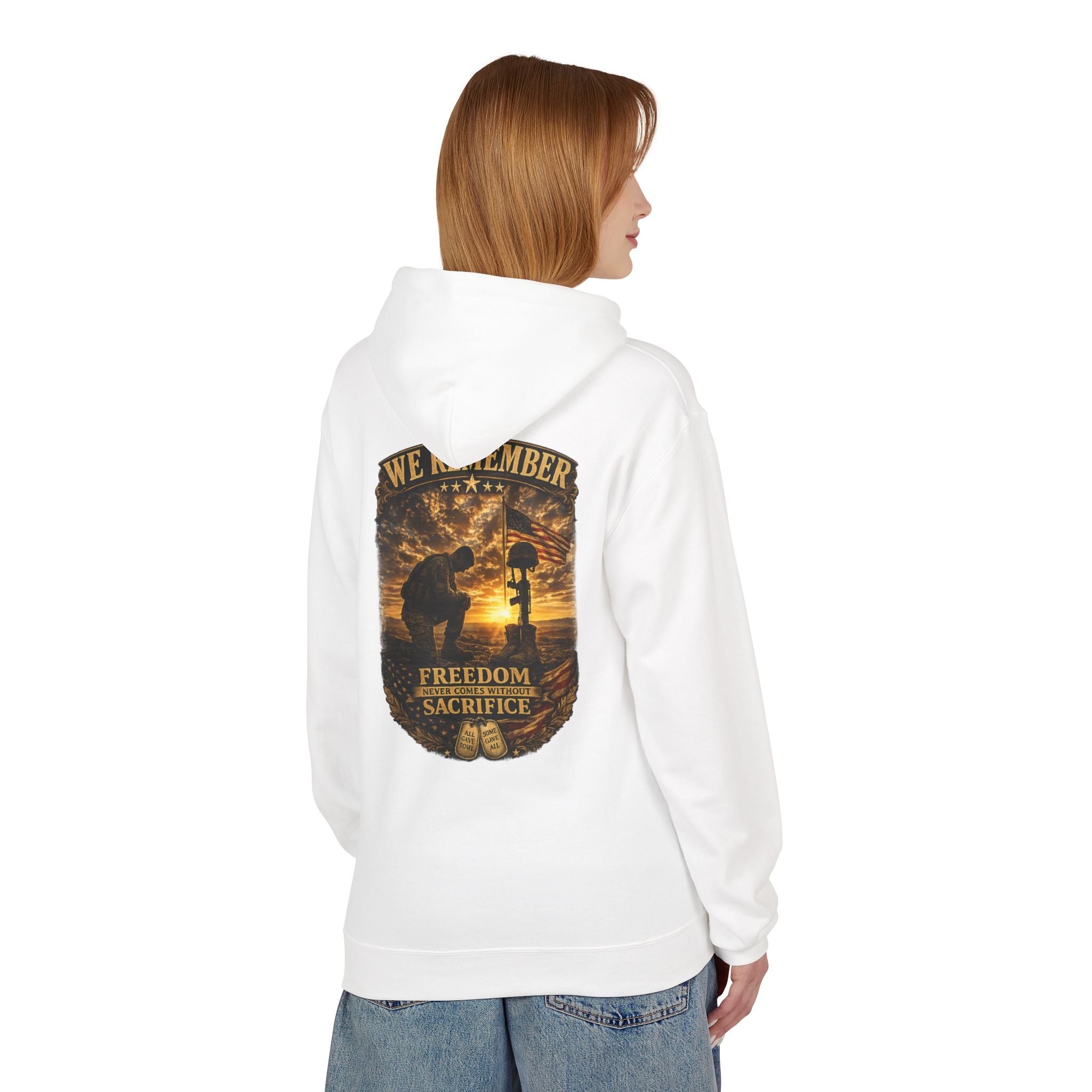 We Remember Memorial Hoodie — Kneeling Soldier & Battlefield Cross Tribute