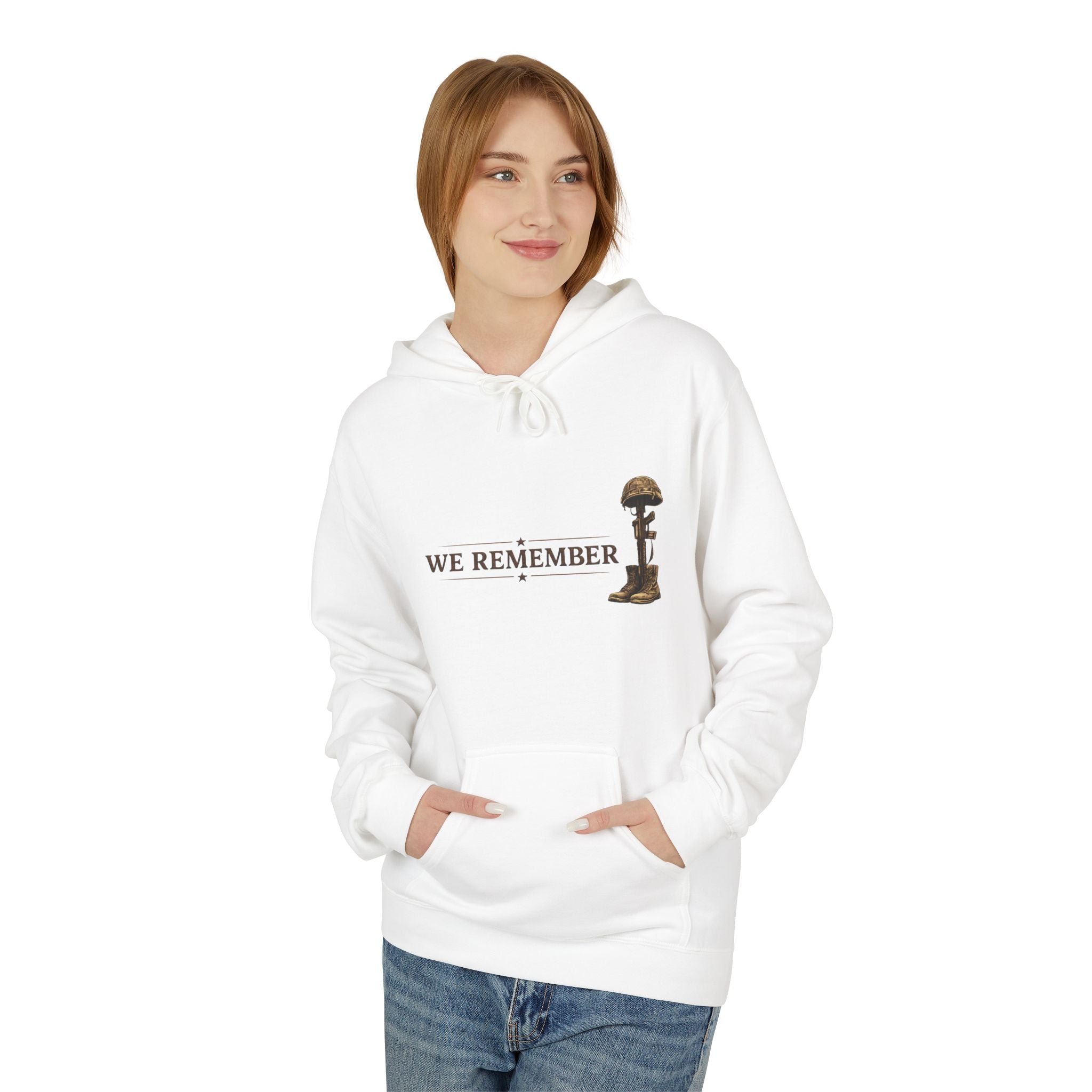 We Remember Memorial Hoodie — Kneeling Soldier & Battlefield Cross Tribute