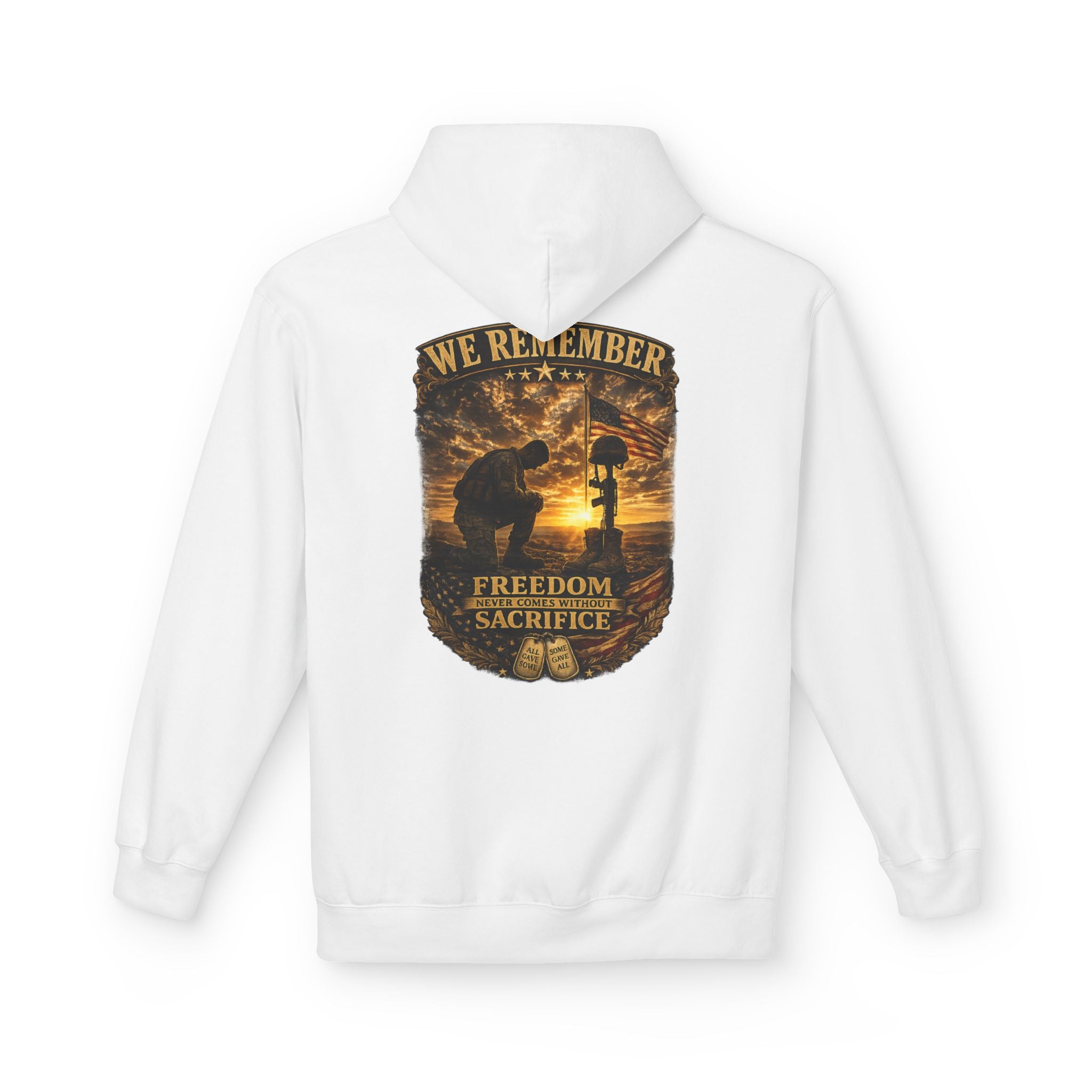 We Remember Memorial Hoodie — Kneeling Soldier & Battlefield Cross Tribute