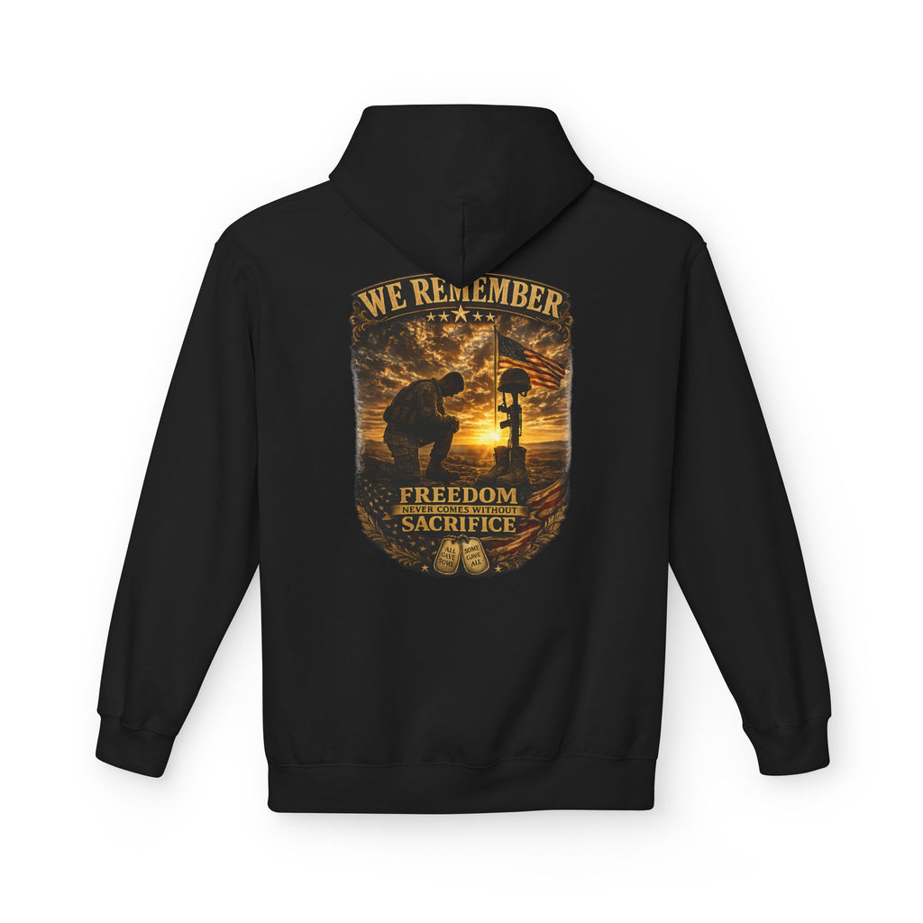 We Remember Memorial Hoodie — Kneeling Soldier & Battlefield Cross Tribute