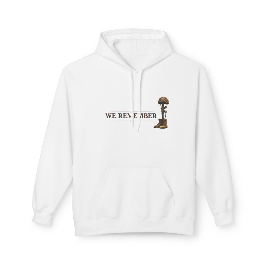 We Remember Memorial Hoodie — Kneeling Soldier & Battlefield Cross Tribute